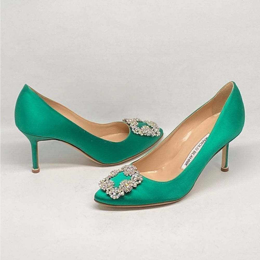 Manolo Blahnik Hangisi 70MM Embellished Satin Pumps size 36.5